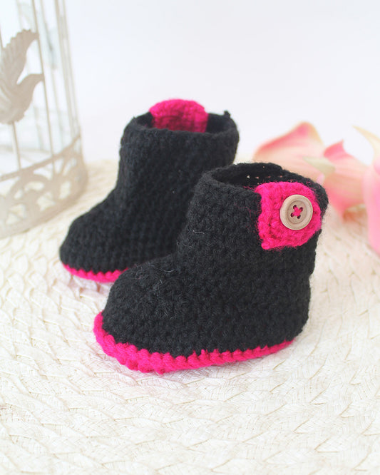 Woonie Black Booties-Embroidered-Acrylic Handmade-For Infants