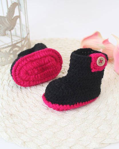 Woonie Black Booties-Embroidered-Acrylic Handmade-For Infants