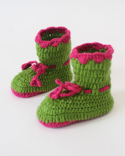 Woonie Green & Pink Booties-Crochet-Acrylic Handmade-For Infants