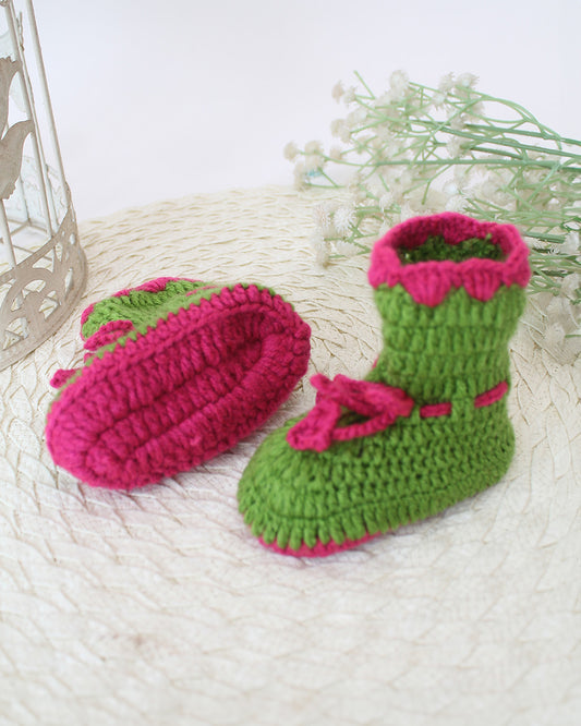 Woonie Green & Pink Booties-Crochet-Acrylic Handmade-For Infants