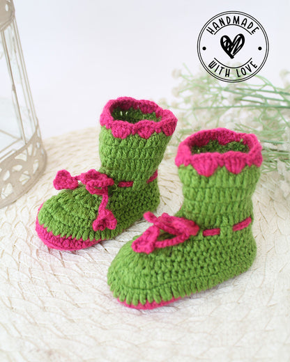 Woonie Green & Pink Booties-Crochet-Acrylic Handmade-For Infants