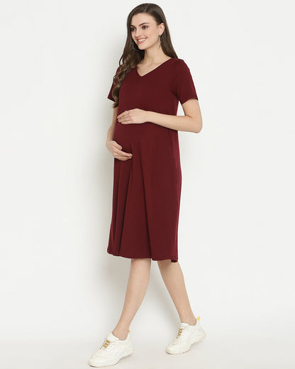 Wobbly Walk Wine Berry Maternity Nighty-V Neck-Solid Color-Cotton-Bump Friendly