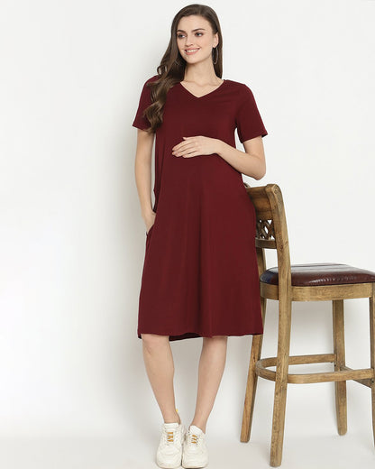 Wobbly Walk Wine Berry Maternity Nighty-V Neck-Solid Color-Cotton-Bump Friendly