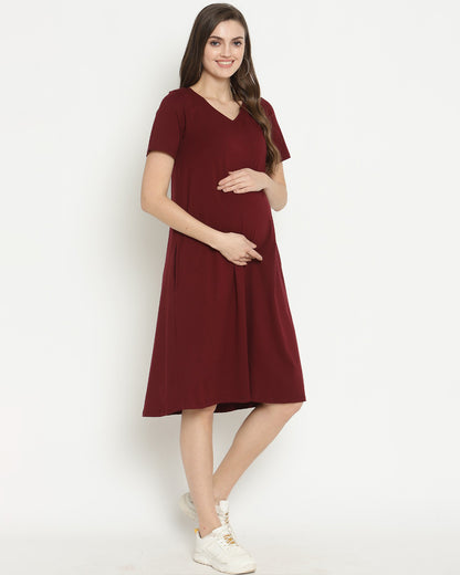 Wobbly Walk Wine Berry Maternity Nighty-V Neck-Solid Color-Cotton-Bump Friendly