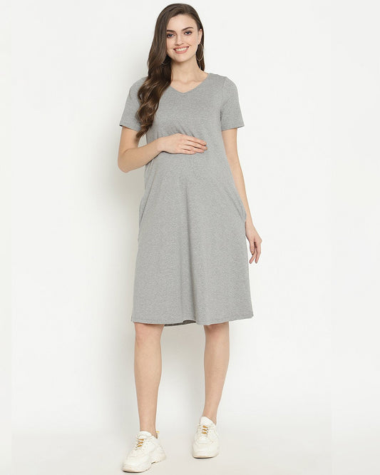 Wobbly Walk Melange Grey Maternity Nighty-V Neck-Solid Color-Cotton-Bump Friendly