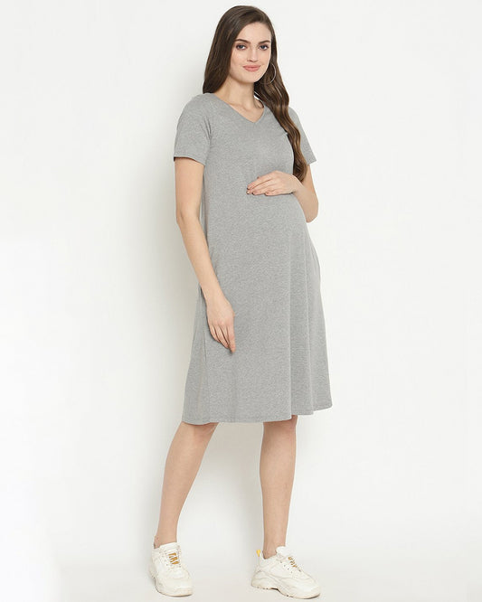 Wobbly Walk Melange Grey Maternity Nighty-V Neck-Solid Color-Cotton-Bump Friendly