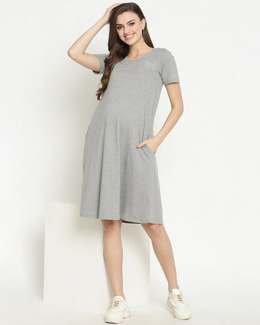 Wobbly Walk Melange Grey Maternity Nighty-V Neck-Solid Color-Cotton-Bump Friendly