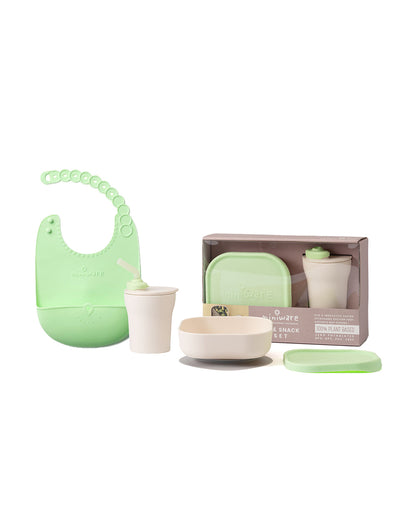 Miniware Baby Birthday Feeding Set-Pack of 3-Bowl with Lid, Cup with Lid & Bib-Mint & Cream