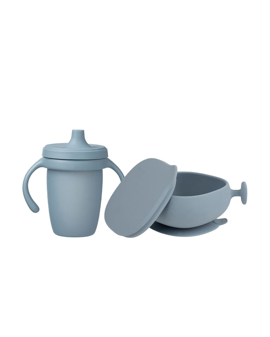 b.box Baby Birthday Feeding Set-Pack of 2-Bowl with Lid & Spout Cup-Light Blue