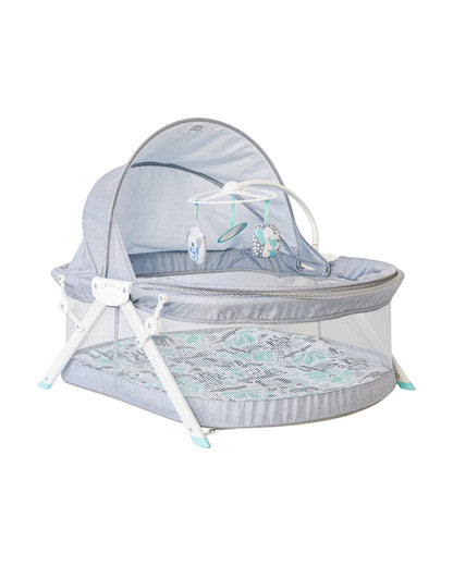 Infantino Sweet Dreams Fold & Go Bassinet-With Removable Mat & Full Cover Canopy-Includes Sensory Engaging Toys-Koala-Grey-For 0 to 9M