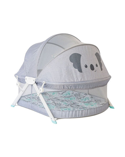 Infantino Sweet Dreams Fold & Go Bassinet-With Removable Mat & Full Cover Canopy-Includes Sensory Engaging Toys-Koala-Grey-For 0 to 9M