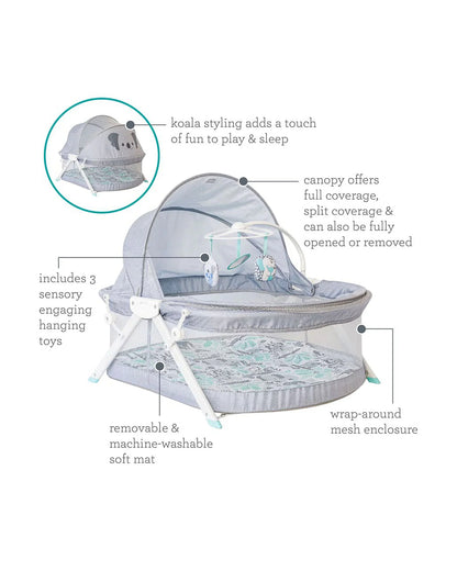 Infantino Sweet Dreams Fold & Go Bassinet-With Removable Mat & Full Cover Canopy-Includes Sensory Engaging Toys-Koala-Grey-For 0 to 9M