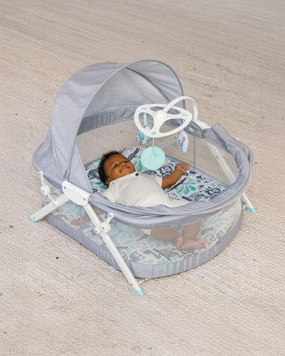 Infantino Sweet Dreams Fold & Go Bassinet-With Removable Mat & Full Cover Canopy-Includes Sensory Engaging Toys-Koala-Grey-For 0 to 9M