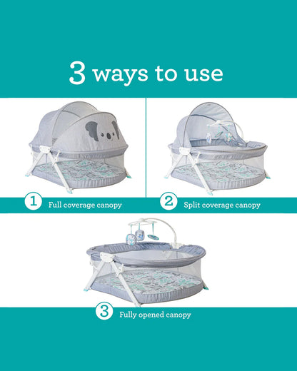 Infantino Sweet Dreams Fold & Go Bassinet-With Removable Mat & Full Cover Canopy-Includes Sensory Engaging Toys-Koala-Grey-For 0 to 9M