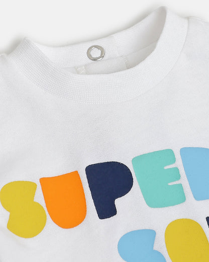 Chicco White & Navy Blue T-shirt & Jogger Set-Cotton-Printed-For Infants