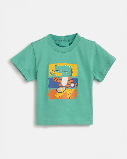 Chicco Sea Green & Grey T-shirt & Jogger Set-Cotton-Printed-For Infants