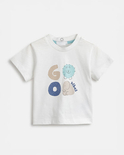Chicco White T-shirt-Cotton-Short Sleeves-Printed-For Infants