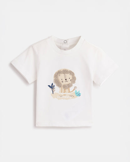 Chicco White & Brown T-shirt & Shorts Set-Cotton-Printed-For Infants