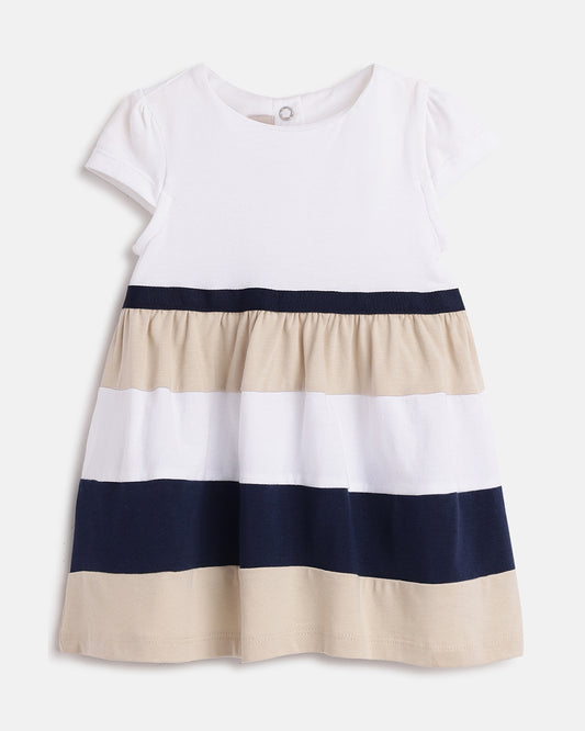 Chicco White & Multicolored Frock Dress-Cotton-Striped-For Infants