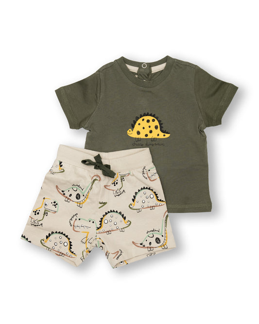 Chicco Sage Green & White T-shirt & Shorts Set-Cotton-Printed-For Infants