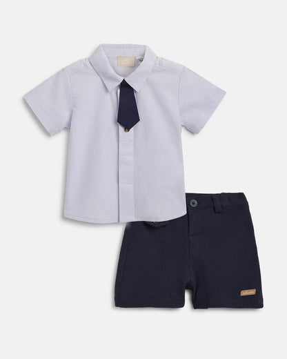 Chicco White & Blue Shirt & Shorts Set with Tie- Cotton-Solid-For Infants