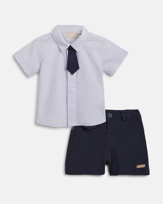 Chicco White & Blue Shirt & Shorts Set with Tie- Cotton-Solid-For Infants