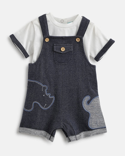 Chicco White & Navy Blue Dungaree with T-shirt-Cotton-Solid-For Infants