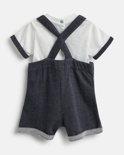 Chicco White & Navy Blue Dungaree with T-shirt-Cotton-Solid-For Infants