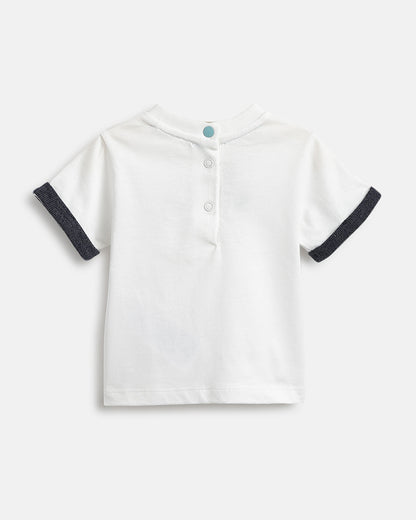 Chicco White & Navy Blue Dungaree with T-shirt-Cotton-Solid-For Infants