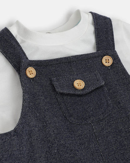 Chicco White & Navy Blue Dungaree with T-shirt-Cotton-Solid-For Infants