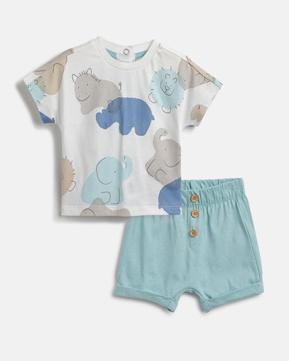 Chicco Sea Green T-shirt & Shorts Set-Cotton-Printed-For Infants
