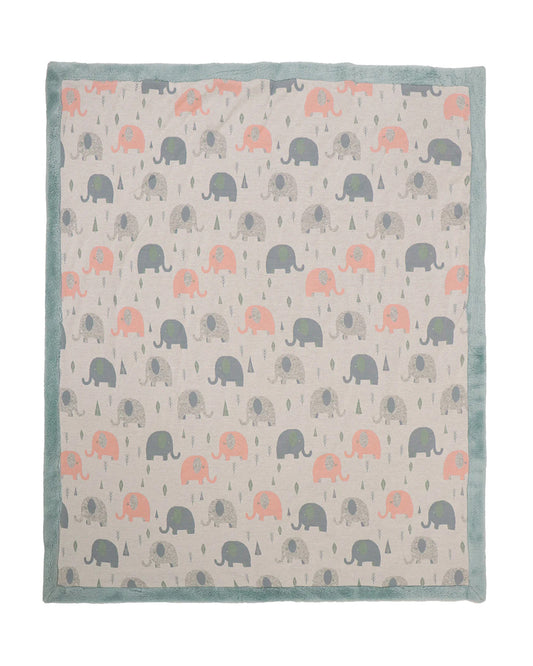 Pluchi Elephants All The Way Knitted Baby Blanket-Combed Cotton Blanket with Faux Fur Back-Indus Blue-For Infants