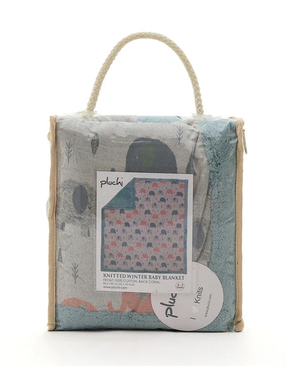 Pluchi Elephants All The Way Knitted Baby Blanket-Combed Cotton Blanket with Faux Fur Back-Indus Blue-For Infants