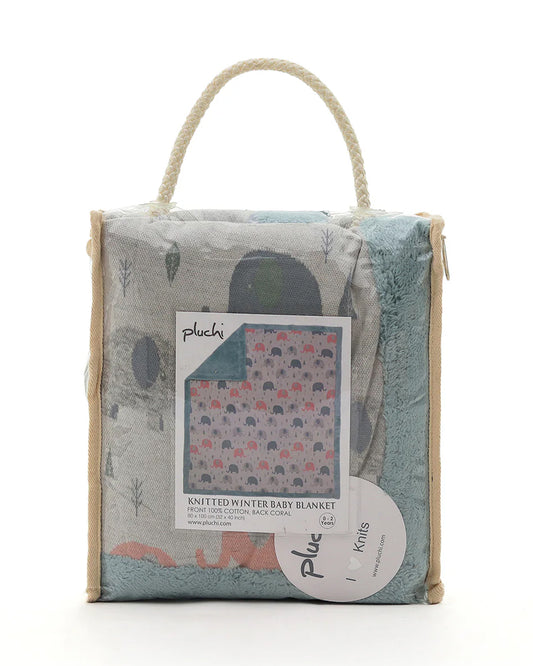 Pluchi Elephants All The Way Knitted Baby Blanket-Combed Cotton Blanket with Faux Fur Back-Indus Blue-For Infants