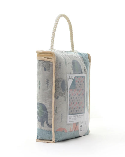 Pluchi Elephants All The Way Knitted Baby Blanket-Combed Cotton Blanket with Faux Fur Back-Indus Blue-For Infants