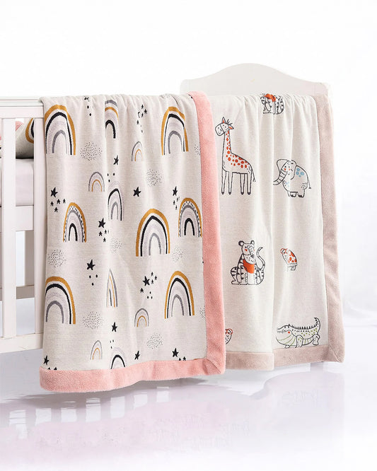 Pluchi Jungle Odyssey Knitted Kids Blanket-Combed Cotton Blanket with Faux Fur Back-Natural-For Toddlers