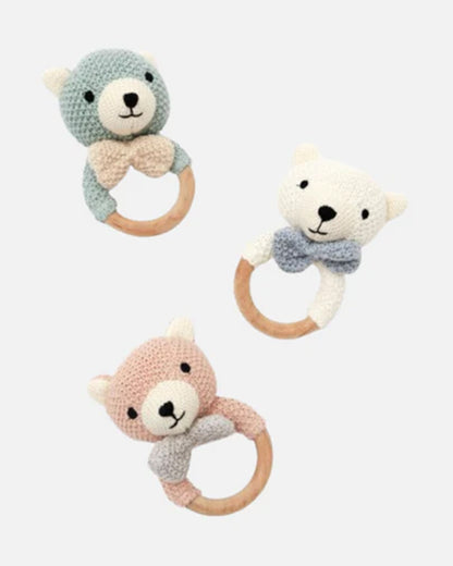 Bambini Ivory Toto Bear Knitted Rattle Toys-Provides Teething Relief-For Infants