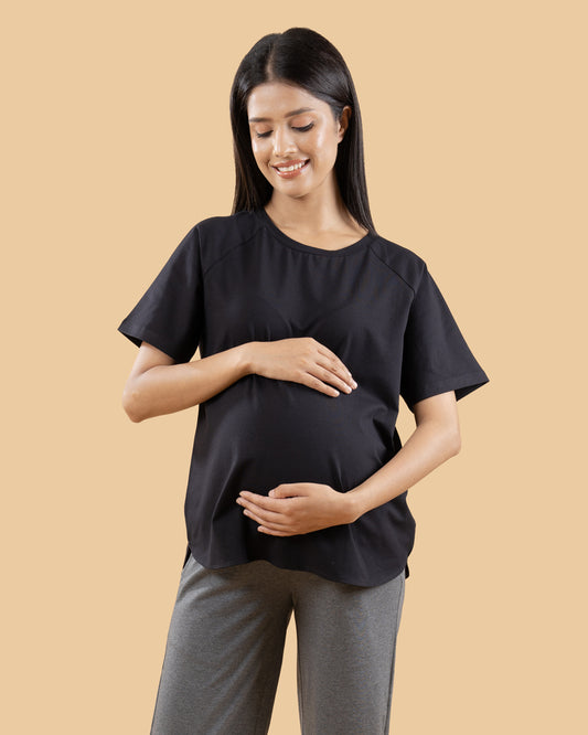 Wobbly Walk Black Maternity Top-Solid Color-Cotton-Half Sleeves-Bump Friendly