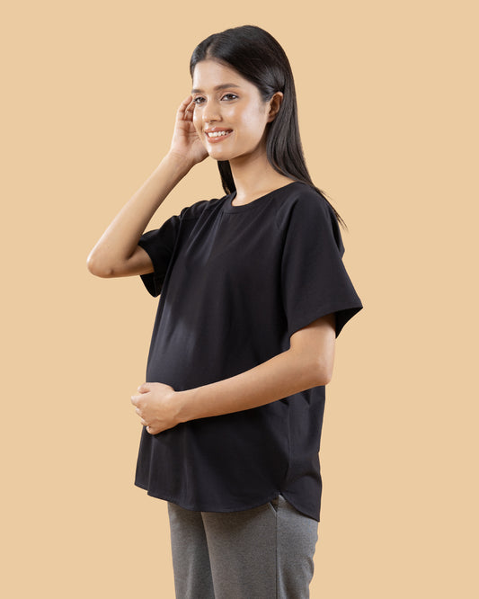 Wobbly Walk Black Maternity Top-Solid Color-Cotton-Half Sleeves-Bump Friendly