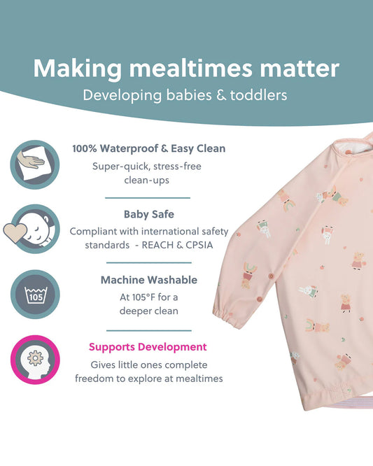 Bibado Long Sleeve Coverall Shirt Weaning Bib-Stain & Water Proof-Peppa Pig Print-Pink-For Infants