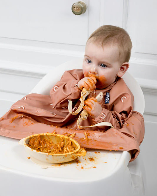 Bibado Long Sleeve Coverall Shirt Weaning Bib-Stain & Water Proof-Chasing Rainbows Print-Brown-For Infants