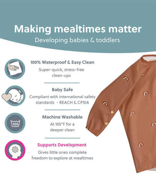 Bibado Long Sleeve Coverall Shirt Weaning Bib-Stain & Water Proof-Chasing Rainbows Print-Brown-For Infants