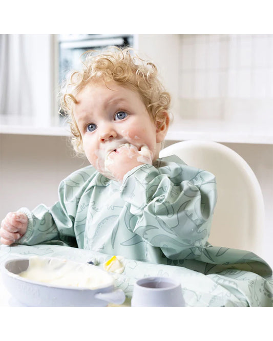 Bibado Long Sleeve Coverall Shirt Weaning Bib-Stain & Water Proof-Dino Roar Print-Grey-For Infants