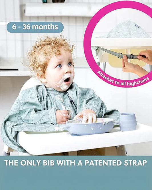 Bibado Long Sleeve Coverall Shirt Weaning Bib-Stain & Water Proof-Dino Roar Print-Grey-For Infants