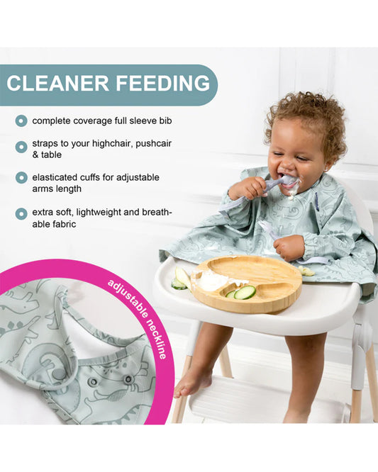 Bibado Long Sleeve Coverall Shirt Weaning Bib-Stain & Water Proof-Dino Roar Print-Grey-For Infants