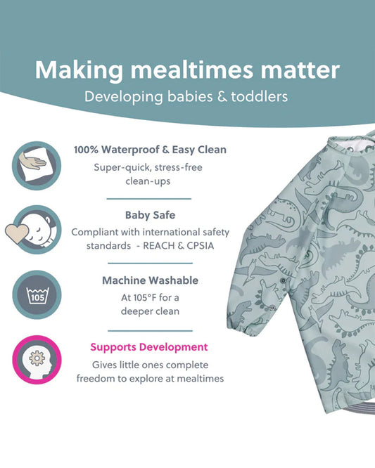 Bibado Long Sleeve Coverall Shirt Weaning Bib-Stain & Water Proof-Dino Roar Print-Grey-For Infants