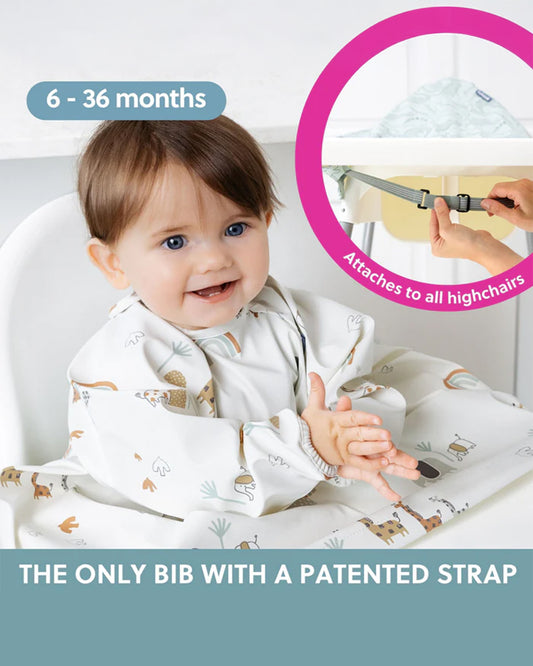 Bibado Long Sleeve Coverall Shirt Weaning Bib-Stain & Water Proof-Serengeti Spaghetti Print-White-For Infants