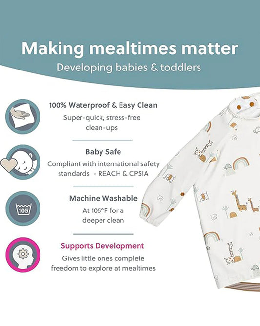 Bibado Long Sleeve Coverall Shirt Weaning Bib-Stain & Water Proof-Serengeti Spaghetti Print-White-For Infants