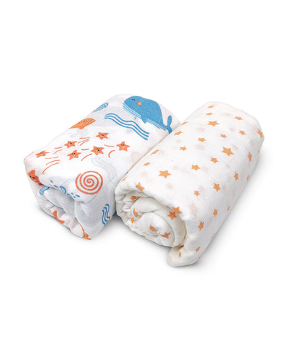 nuluv Blue Whale Swaddle-Bamboo Cotton Wrap-Soft & Breathable-Multicolor-Infant Wraps-Pack of 2