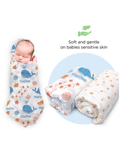 nuluv Blue Whale Swaddle-Bamboo Cotton Wrap-Soft & Breathable-Multicolor-Infant Wraps-Pack of 2